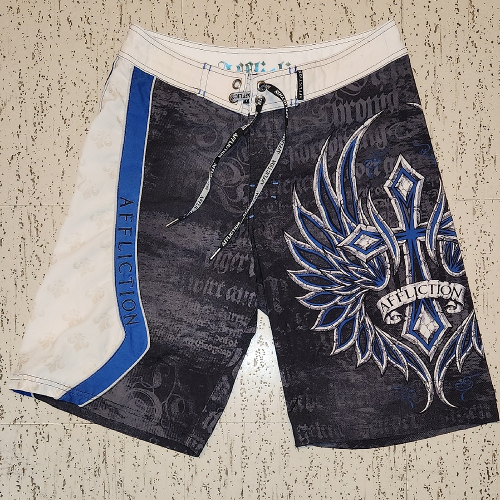Affliction Embroidered Spellout Logo Full Graphic AOP Shorts Blue, White & Gray